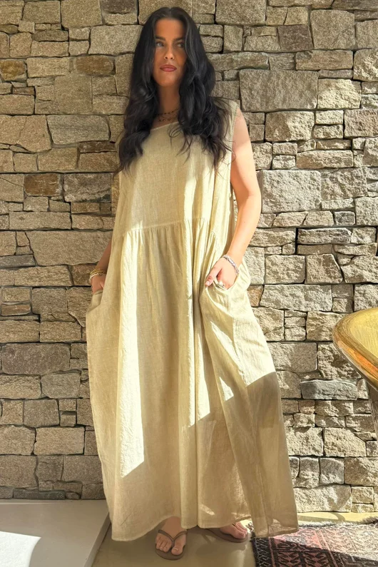 Lenni Cotton Smock Dress Washed Sandstone 